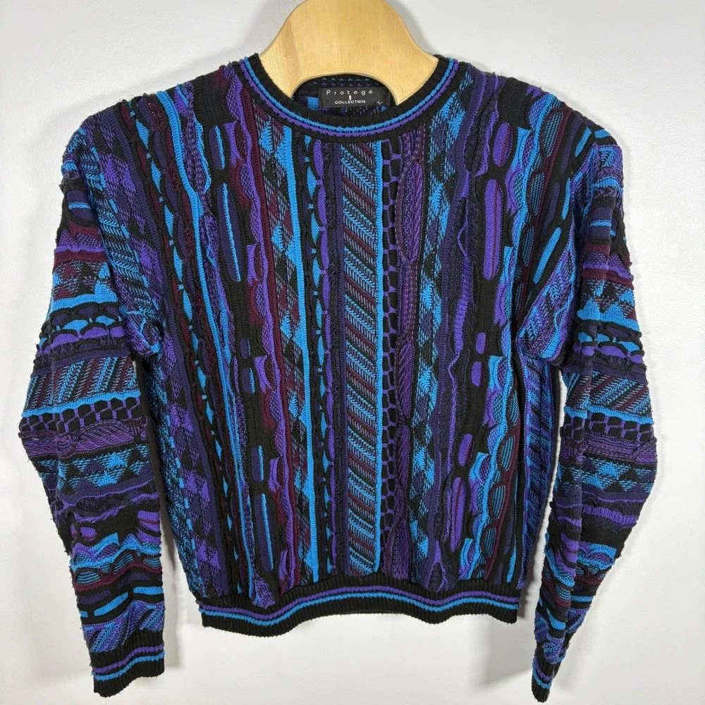 Vintage Protege Collection 3D Knit Sweater Mens Large Blue Purple Coogi Style